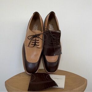 Salvatore Ferragamo Two-Tone Brown & Tan Leather Derbies with Fringe Kiltie